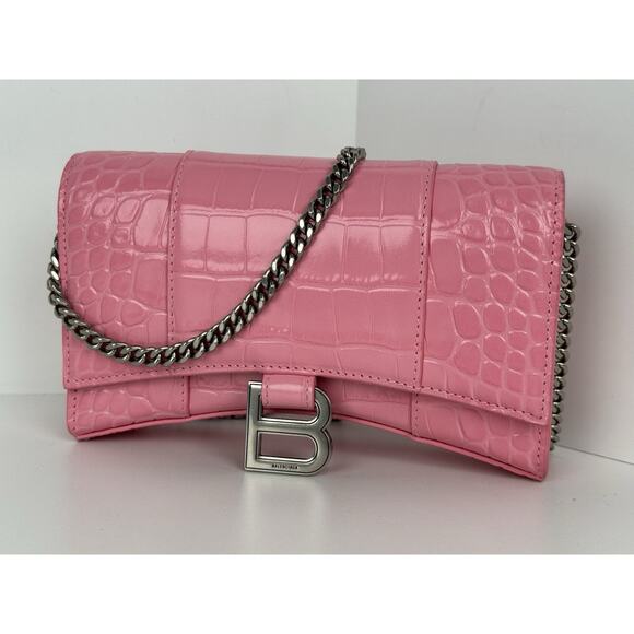 Balenciaga Handbags - Balenciaga Shiny Calfskin Crocodile Embossed Hourglass Chain Bag Sweet Pink C-1